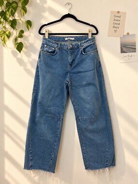 NA-KD Blue Wide Leg Jeans Raw Hem Size 38